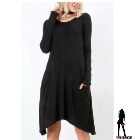 Tops - Long Sleeve Princess Line Black Pocket Tunic